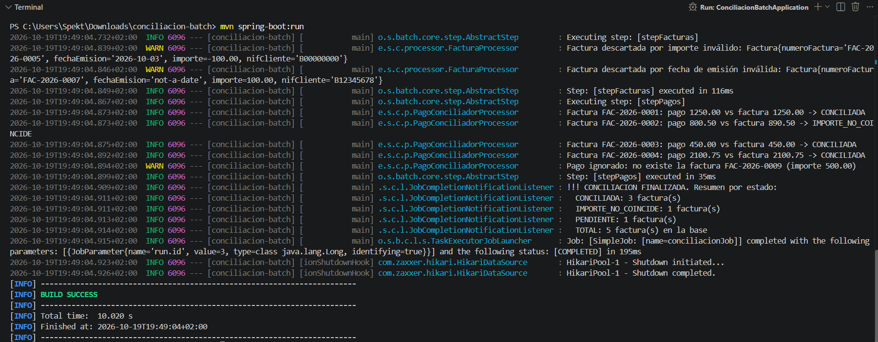 Terminal con mvn spring-boot:run mostrando el resumen final del job: CONCILIADA 3 facturas, IMPORTE_NO_COINCIDE 1, PENDIENTE 1, TOTAL 5 y BUILD SUCCESS