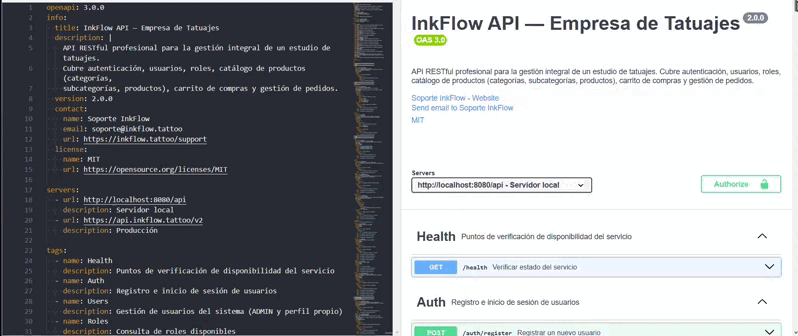 Demostración de InkFlow API: recorrido por la tienda y documentación Swagger