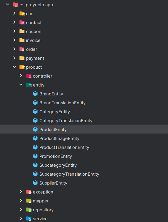 Captura del IDE con la estructura de paquetes del monolito modular