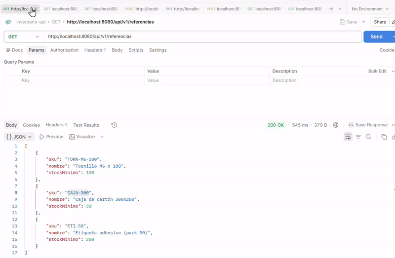 Postman ejecutando GET /api/v1/referencias contra el puerto 8080 y recibiendo un 200 OK con las tres referencias de la siembra inicial