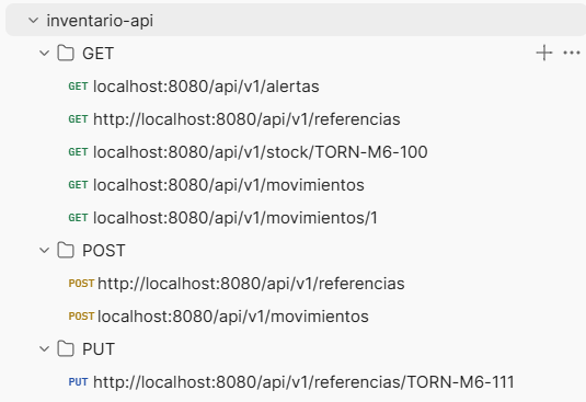 Colección de Postman del proyecto inventario-api con los endpoints agrupados por verbo en las carpetas GET, POST y PUT