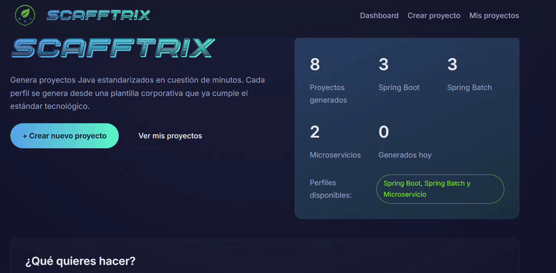 Dashboard del portal Scafftrix con las métricas de proyectos generados por perfil y los accesos a crear proyectos o ver el historial